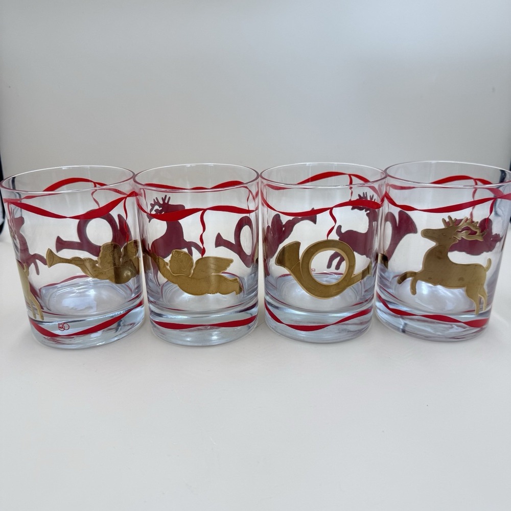 Vintage Department 56 Christmas Glasses Set of 4 Gold Animals Red Ribbon Holiday